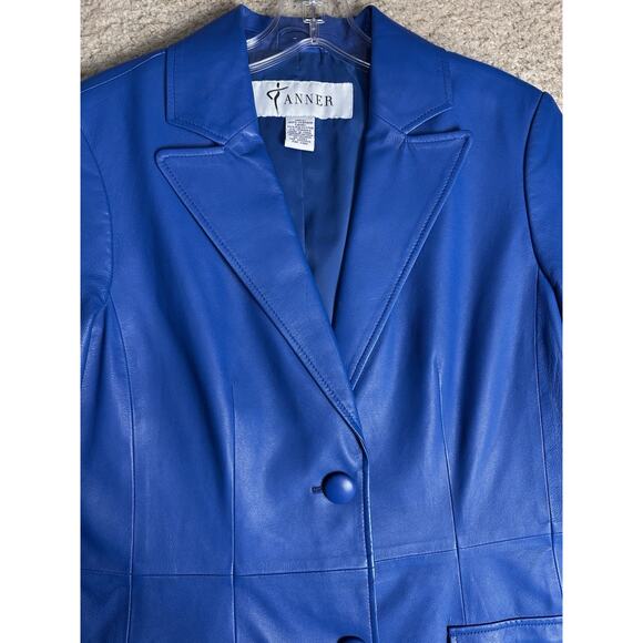 Vtg Y2K Bright Blue Genuine Leather Blazer Jacket Women's Sz 10 2 Button Peplum - Picture 4 of 16